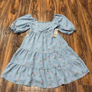 NWT Inspired Hearts Blue Floral Smocked Dress Women's Size M / L Puff Sleeve NEW